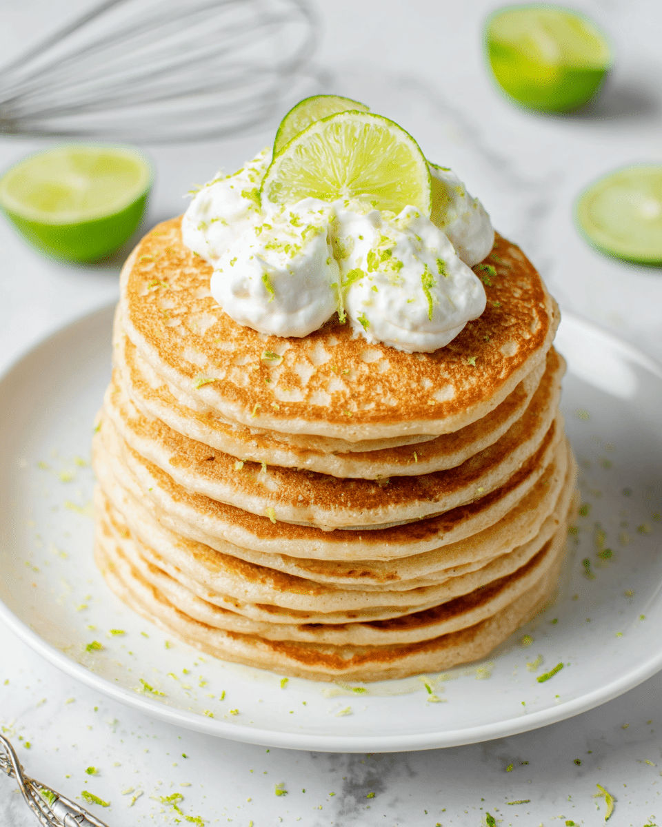 A stack of seven golden brown pancakes with a slightly bubbly texture is centered on a white plate. On top of the stack, there are three small dollops of white cream, each sprinkled with green lime zest. A thin, bright green lime slice rests on the top layer, adding a fresh touch. The plate sits on a white marbled surface with a few flakes of zest scattered around, and a metal whisk and additional lime slices are blurred in the background. photo taken with an iphone --ar 4:5 --v 7