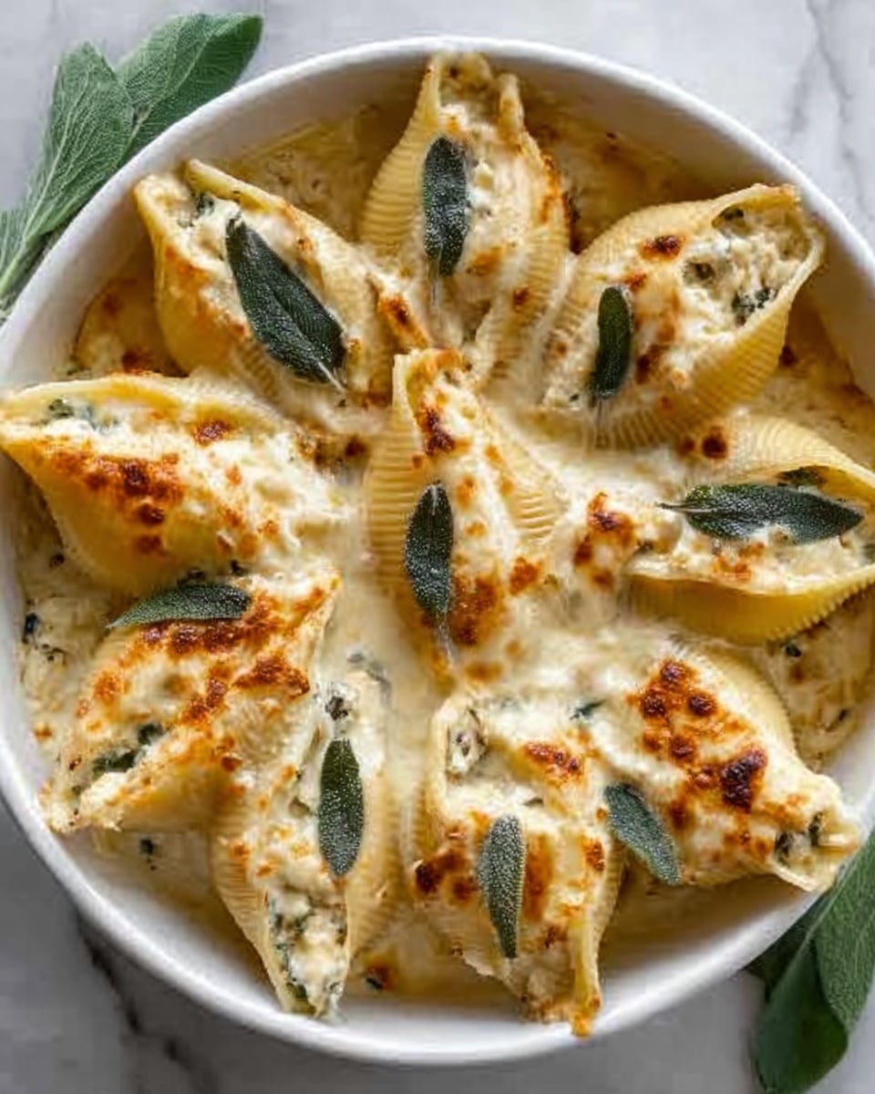 The image shows a white round dish filled with large pasta shells arranged in a circle. Each shell is stuffed and covered with melted cheese that is creamy white with golden brown spots from baking. Dark green sage leaves are placed on top of some shells, adding color contrast. The dish sits on a white marbled surface with some green leaves in the background. The texture of the melted cheese looks smooth and slightly bubbly. Photo taken with an iphone --ar 4:5 --v 7