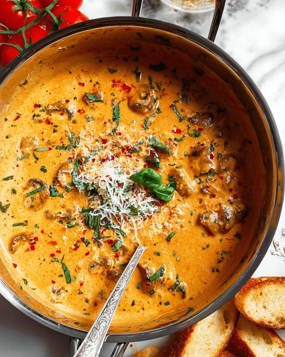 A close-up view of a large stainless steel pan filled with creamy orange sauce, thick with pieces of small mushrooms, finely chopped green herbs, and red pepper flakes spread throughout. The sauce looks smooth and rich, topped with some finely grated white cheese and small fresh green basil leaves scattered on top. A silver spoon with a detailed handle rests inside the pan, partially submerged in the sauce. The pan is placed on a white marbled surface, with a few toasted bread slices at the bottom right corner and a bunch of small red tomatoes with green stems on the upper left side. Photo taken with an iphone --ar 4:5 --v 7