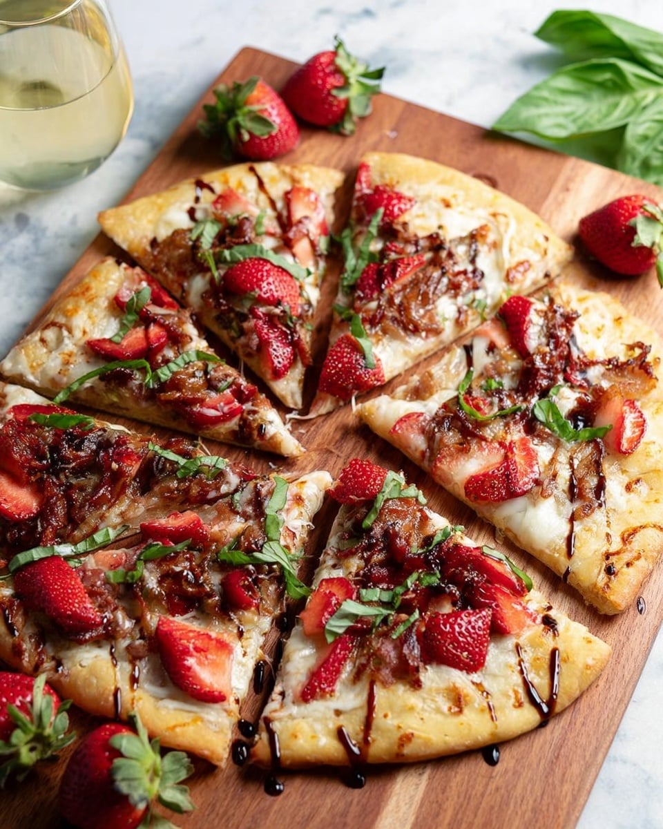 The image shows a pizza cut into six slices on a wooden board with a white marbled background. The pizza has a golden-brown thin crust base. The first layer is melted cheese, creamy white with a bubbly and slightly browned texture. Scattered on top are bright red strawberry slices that add a fresh look. There are also pieces of cooked meat with a darker reddish-brown color, slightly crispy. Shredded green basil leaves are spread over the top, adding contrast and freshness. A shiny, dark balsamic glaze is drizzled over the whole pizza, giving it a glossy finish. Around the pizza are a few fresh strawberries and green basil leaves. In the back, there is a clear glass with a light yellow drink. Photo taken with an iphone --ar 4:5 --v 7