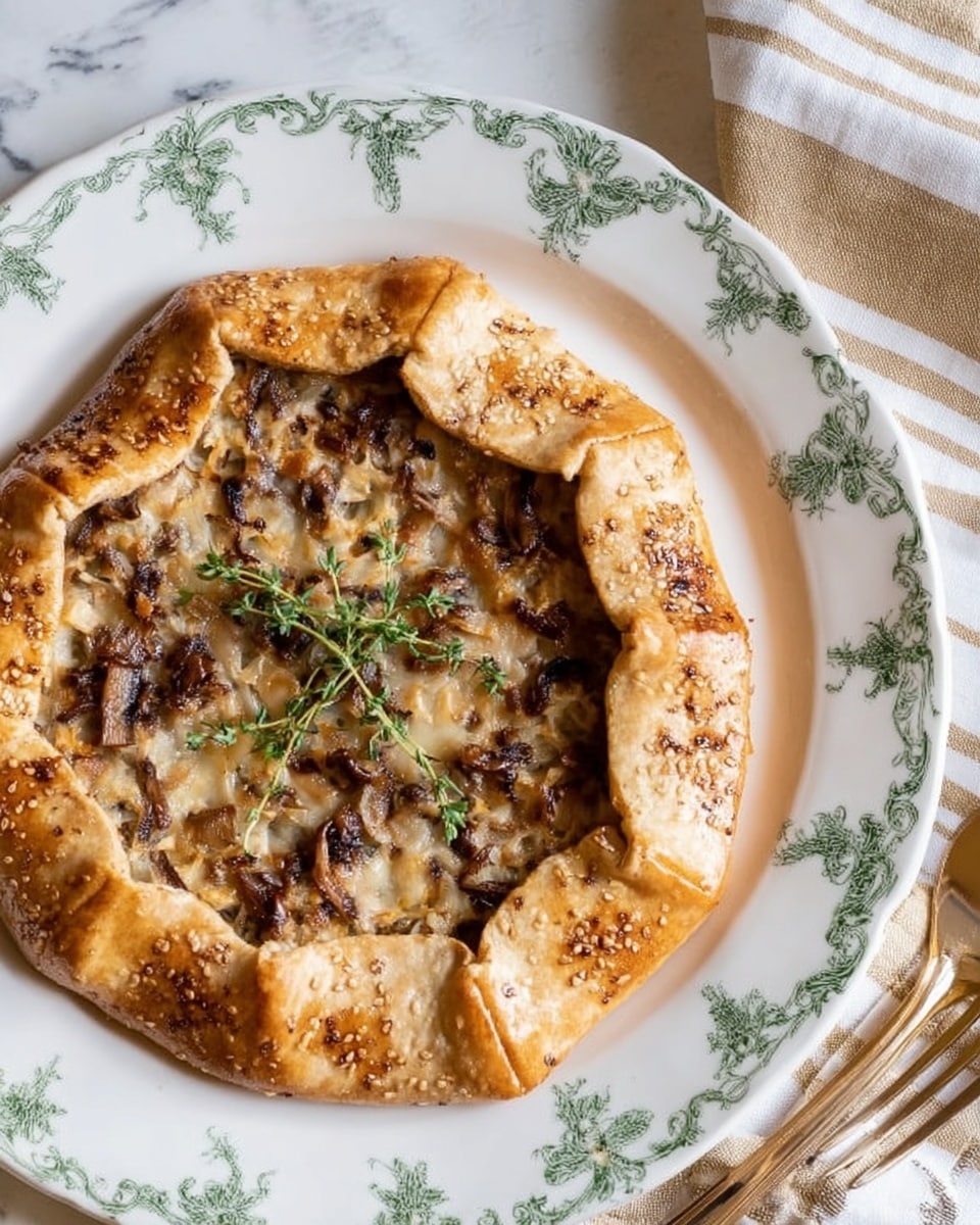 The image shows a rustic tart on a white plate with green floral patterns. The tart has a thick, golden-brown crust folded inwards in six sections around the filling. The filling is textured with melted cheese and browned bits of what looks like mushrooms or caramelized onions, topped with small sprigs of fresh herbs. The crust has a shiny, slightly speckled surface suggesting it was brushed with an egg wash and sprinkled with sesame seeds or seasoning. The plate is placed on a white marbled surface, with part of a beige and white striped cloth and a cutlery piece visible on the right side. Photo taken with an iphone --ar 4:5 --v 7