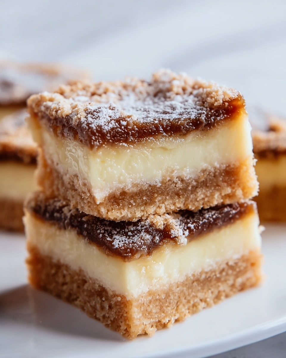 A stack of two square dessert bars sits on a white plate with a white marbled background. Each bar has three distinct layers: the bottom layer is a light golden brown crumbly crust, the middle layer is a creamy off-white filling, and the top layer is a darker brown glossy topping with a slightly crumbly texture and a light dusting of powdered sugar. The bars are thick and the layers are even in size. The photo is sharp with a close-up view focusing on the texture and contrast between the creamy and crumbly layers. Photo taken with an iphone --ar 4:5 --v 7