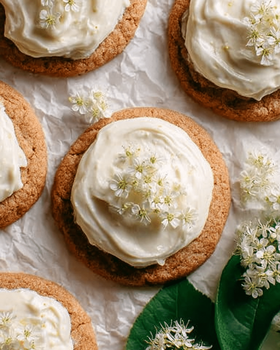 The image shows a close-up of round cookies on crinkled parchment paper, each topped with a thick, creamy white layer of frosting that has a soft, swirled texture. The cookies are light brown with a slightly cracked surface, and the frosting is decorated with tiny white edible flowers scattered on top and around the cookies. To the right, there is a green leaf and more small white flowers adding a natural touch. The whole scene is set on a white marbled texture. photo taken with an iphone --ar 4:5 --v 7