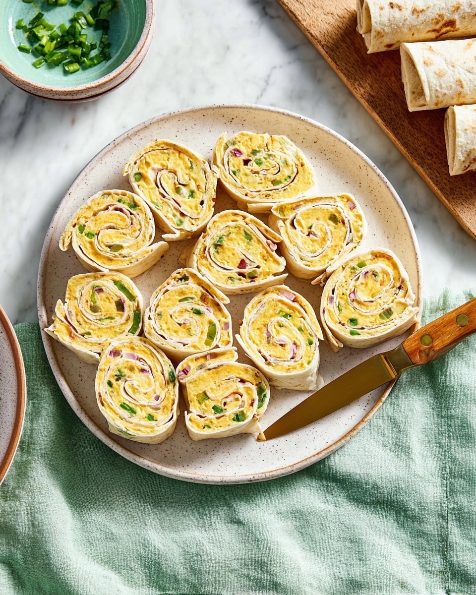 A round white speckled plate holds eleven slices of a rolled tortilla wrap, each showing a spiral of pale yellow egg with small diced green peppers and bits of red onion evenly spread throughout. The tortilla layer is light brown and slightly toasted. The plate sits on a white marbled surface covered by a soft light green cloth. To the right, a wooden board holds additional uncut wraps. A wooden-handled knife rests on the plate next to two wrap slices. Bright natural light highlights the soft textures and colors of the food. Photo taken with an iphone --ar 4:5 --v 7