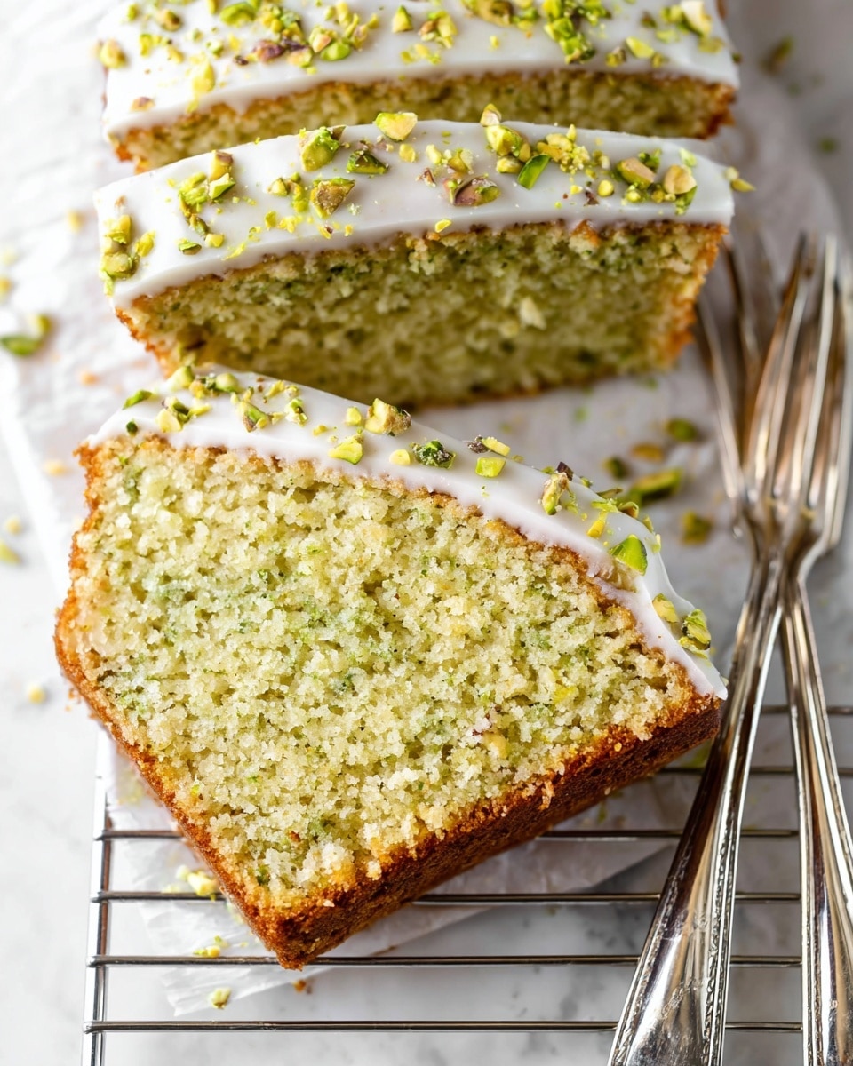 The image shows three thick slices of moist pistachio cake with a rough granular texture and a light green color, arranged in a row on a metal cooling rack. Each slice is topped with a smooth white icing layer that fully covers the top and drips slightly over the edges. Crushed pistachio pieces are scattered on the icing for decoration. To the right of the slices, three shiny silver forks rest on the rack. The whole scene is set on a white marbled surface. photo taken with an iphone --ar 4:5 --v 7