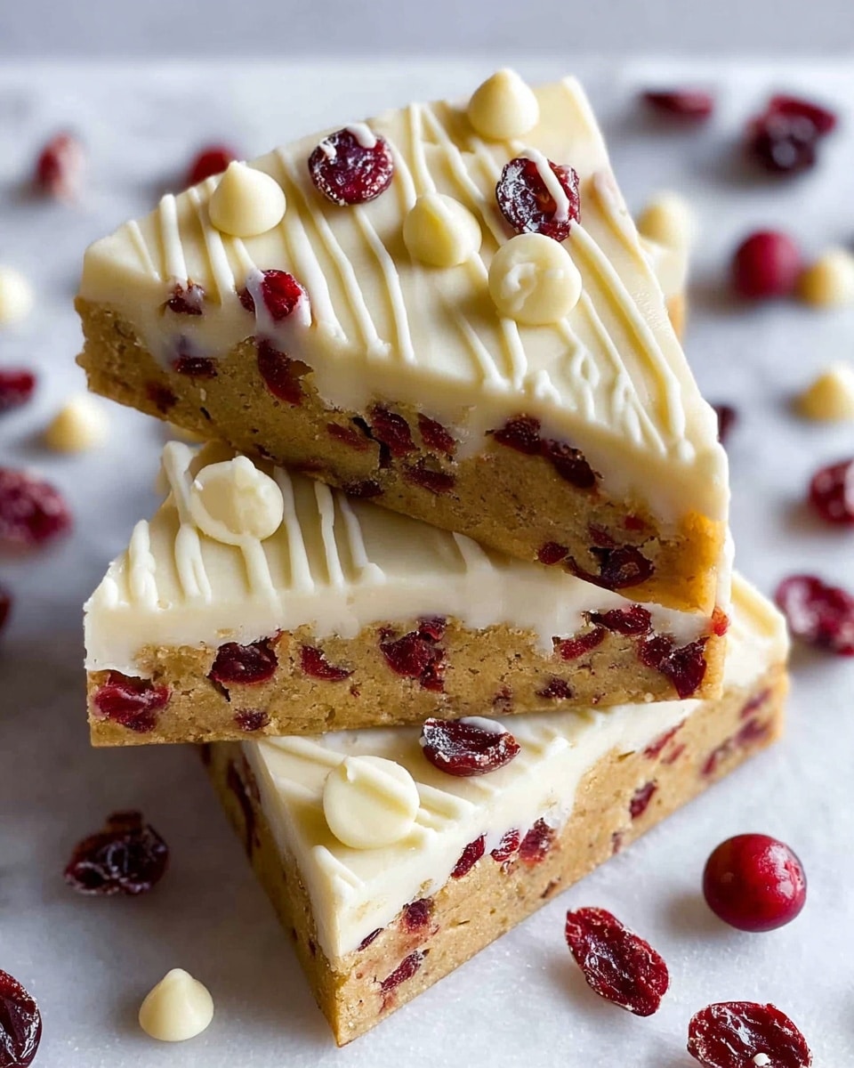 The image shows three triangular bars stacked on a white marbled surface; each bar has two layers: a thick, golden-brown baked base embedded with dark red dried cranberries, and a smooth white frosting layer on top decorated with more dried crimson cranberries and evenly spaced white chocolate chips. The frosting is textured with neat, wavy ridges running diagonally across the surface. Scattered around the bars are a few loose dried cranberries and white chocolate chips, and the overall look emphasizes the contrast between the soft white frosting and the darker, rustic base. photo taken with an iphone --ar 4:5 --v 7