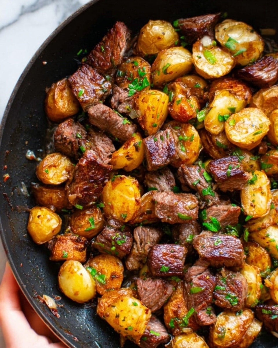 The image shows a close-up of a black pan filled with cooked pieces of beef and golden-brown roasted potatoes, mixed with some small green herb leaves scattered on top. The beef chunks are browned and seared with a slightly crispy texture on the edges, and the potatoes have a rough, roasted surface with a warm golden color. The mixture fills the pan flat and looks savory and fresh. The background is a white marbled texture. Photo taken with an iphone --ar 4:5 --v 7