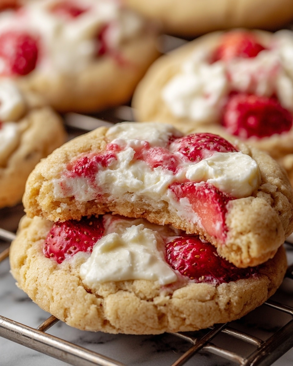 The image shows soft, round cookies with a golden-brown color and slightly cracked tops. Each cookie has bright red strawberry pieces embedded on the surface along with creamy white dollops scattered unevenly across the top. One cookie is broken in half, revealing a moist, gooey center with a mix of creamy white filling and chunks of strawberry inside, creating a layered look with the outer cookie dough. The cookies are placed on a wire rack over a white marbled surface. photo taken with an iphone --ar 4:5 --v 7