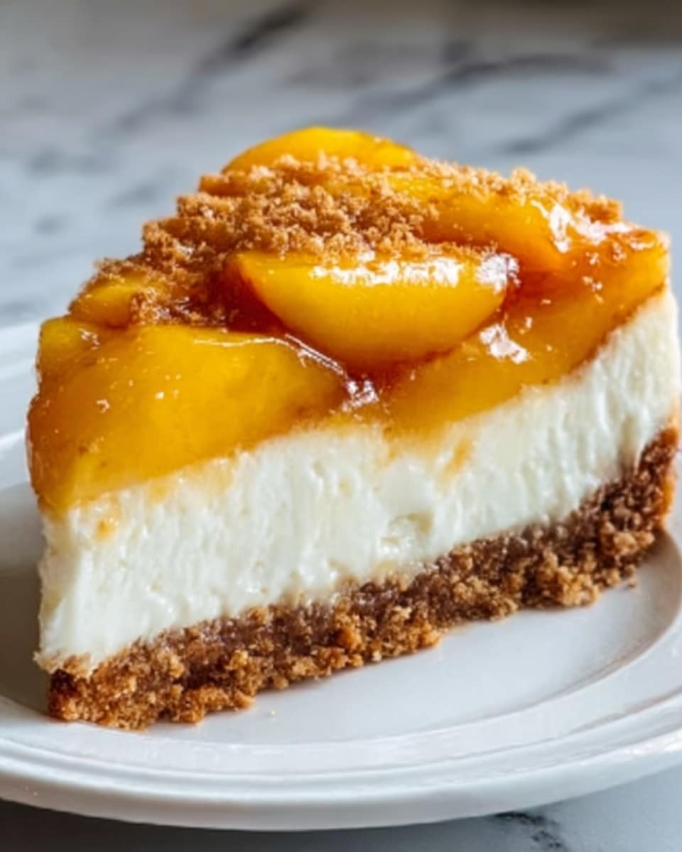 A close-up image of a slice of peach cheesecake on a white plate, showing three layers: a crumbly brown crust at the bottom, a thick white creamy cheese layer in the middle, and a shiny orange peach topping with several peach slices and a glossy glaze. There is some cinnamon sprinkled lightly on top, and a small piece of crumb crust is loose on the plate near the slice. The background is a white marbled texture. Photo taken with an iphone --ar 4:5 --v 7