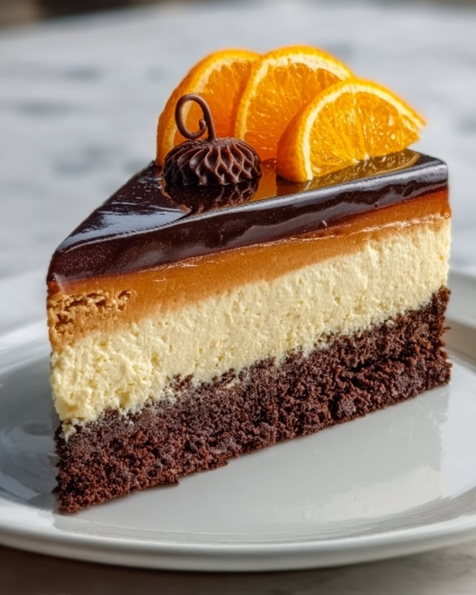 A slice of layered cheesecake is on a white plate, placed on a white marbled surface. The bottom layer is a dark, crumbly chocolate crust. Above it is a thick, creamy beige layer that looks soft and smooth. On top of this is a thin, shiny dark chocolate glaze that is glossy and dripping slightly down the side. Two small orange wedges are placed neatly on the top edge of the cake slice as decoration. The photo is taken with an iphone --ar 4:5 --v 7