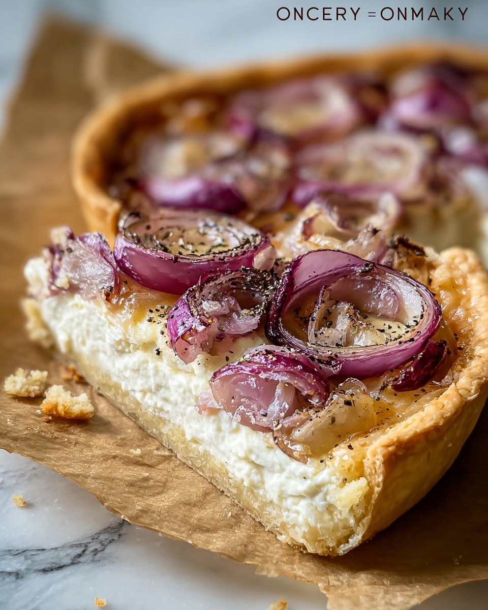 A close-up of a savory tart cut to show three layers: the bottom thick golden-brown flaky crust with rough edges, the middle white creamy layer of soft cheese spread evenly, and the top layer with translucent cooked onion slices that have purple edges and some light browning, sprinkled with black pepper. The tart sits on crumpled parchment paper on a white marbled surface, showing some crumbs around the base. Photo taken with an iphone --ar 4:5 --v 7