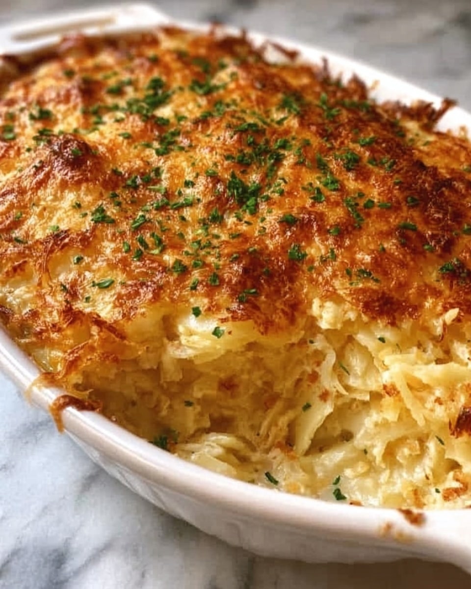 A white oval dish filled with golden-brown baked shredded potatoes, showing a crispy top layer with lightly browned edges. The shredded potato layer beneath looks soft and creamy, with small bits of melted cheese mixed throughout. The dish is topped with evenly sprinkled green parsley, adding a pop of color. The background is a white marbled surface. Photo taken with an iphone --ar 4:5 --v 7