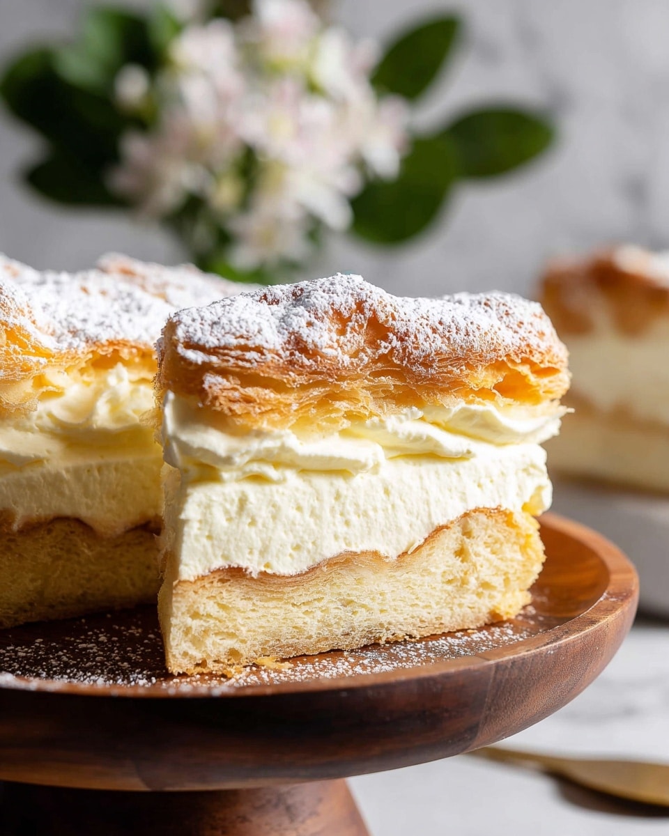 A close-up view of a cake slice resting on a white plate held by a woman's hand, showing three visible layers: a light golden-brown puffy top layer with a soft, airy texture and slight cracks, a middle creamy pale yellow layer that looks smooth and thick, and a bottom light golden-brown layer with a soft, flaky texture; the top of the cake is dusted with powdered sugar. The background features a white marbled surface with soft, blurred greenery. Photo taken with an iphone --ar 4:5 --v 7