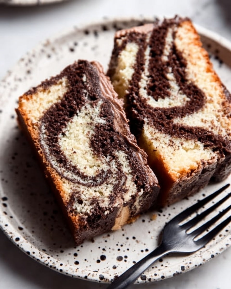 Two thick slices of marbled chocolate and vanilla cake are placed on a round white plate with a speckled pattern. The cake has three visible layers, each showing a mix of dark chocolate swirls and light yellow vanilla sponge with a soft texture. A silver fork is resting on the plate near the bottom left of the slices. The background is a white marbled surface with soft light highlighting the moist texture of the cake. Photo taken with an iphone --ar 4:5 --v 7