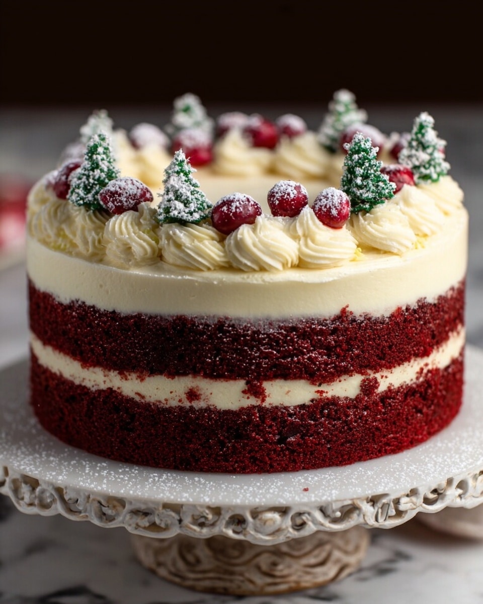 The image shows a round cake with three visible layers. The bottom and middle layers are thick and dark red with a coarse texture, while the two cream-colored layers between and on top of the red layers are smooth and soft. The cake is decorated on top with evenly spaced swirls of white cream, small red berries, and tiny green Christmas tree shapes, giving a festive look. The background and surface are a white marbled texture, and the cake is set on a rustic brown stand. photo taken with an iphone --ar 4:5 --v 7