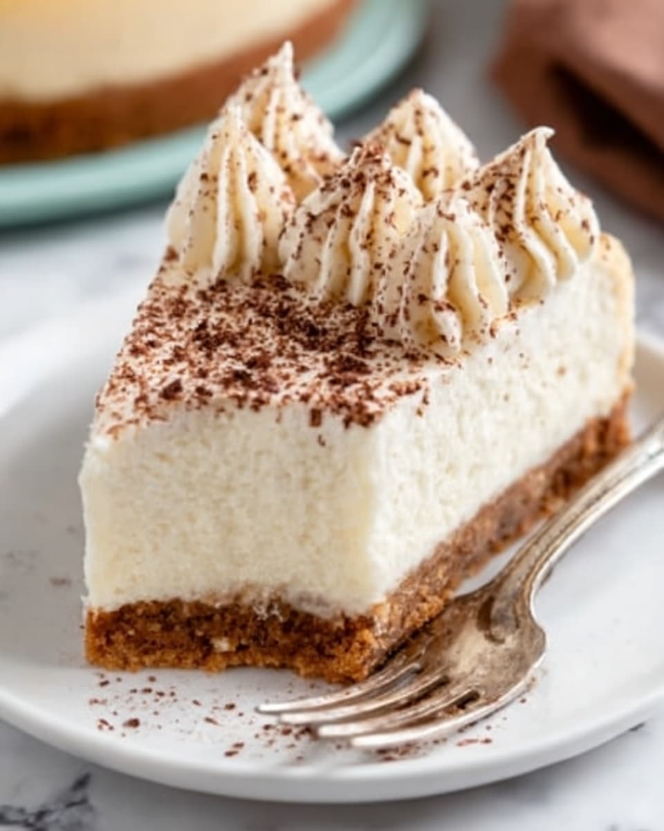 The image shows a slice of creamy cheesecake on a white plate, placed on a white marbled surface. The cheesecake has three clear layers: a thick, smooth cream cheese layer in the middle, a thin light brown smooth layer on top that looks like whipped cream or frosting with a delicate piped texture, and a dark brown crumbly crust at the bottom. The top is lightly dusted with cocoa powder, adding a soft brown contrast. A silver fork is next to the slice on the plate, and the overall lighting highlights the creamy and soft texture of the dessert. Photo taken with an iphone --ar 4:5 --v 7