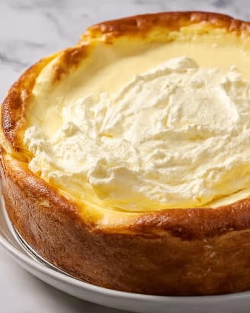 A close-up image of a tall cheesecake with a thick, golden-brown crust around the edges. The cheesecake filling is creamy and smooth with a pale yellow color on top, slightly uneven with soft peaks and a shiny texture. The cheesecake is inside a white plate, placed on a white marbled surface. Photo taken with an iphone --ar 4:5 --v 7