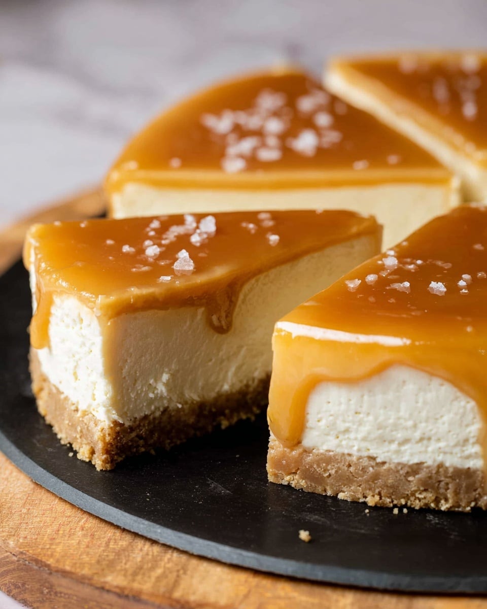 A cheesecake is shown with a pale creamy thick middle layer sitting on a crumbled golden crust base. On top, a shiny golden caramel layer is spread smoothly with some caramel dripping over the edge of the cut slice. There are small white salt flakes sprinkled on the caramel surface. The cheesecake is on a white plate against a white marbled texture background. photo taken with an iphone --ar 4:5 --v 7