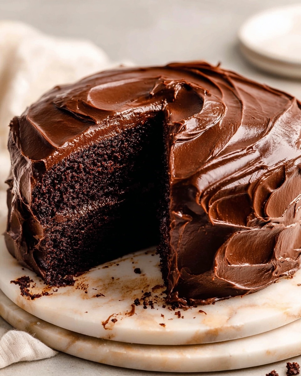 A rich two-layer chocolate cake sits on a white marbled surface, with thick, glossy dark chocolate frosting swirled generously over the entire cake and on top. The inside shows moist, dense dark chocolate cake with a smooth, shiny layer of chocolate filling between the layers. A large slice is taken out from the cake, revealing the texture and layers clearly. The frosting has a creamy, slightly wavy texture that catches the light softly. Photo taken with an iphone --ar 4:5 --v 7