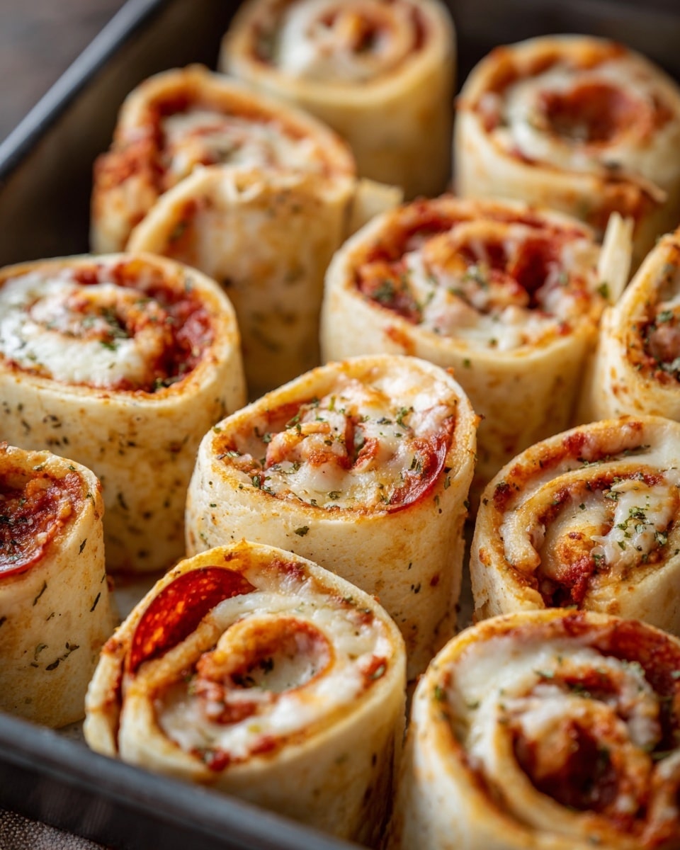 The image shows a close-up of a black baking tray filled with tightly rolled pizza pinwheels, standing upright in rows. Each pinwheel has three visible layers: a light beige outer tortilla wrap speckled with herbs, a middle layer of bright red tomato sauce, and a top layer of melted, slightly browned white cheese sprinkled with green herbs. The pinwheels are packed closely together, showing their spiral shape with the reddish sauce and cheese swirled inside the pale wrap. The baking tray is placed on a wooden surface that has been changed to a white marbled texture. photo taken with an iphone --ar 4:5 --v 7