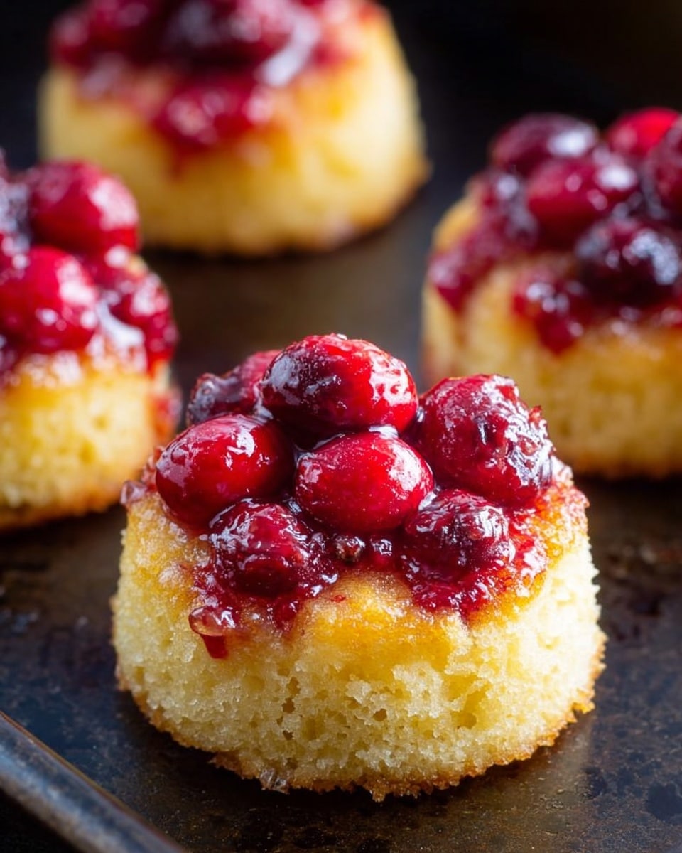 The image shows small, round upside-down cakes with two visible layers. The bottom layer is light yellow, soft, and spongy in texture. The top layer is made of red berries that are glossy and look juicy, clustered closely together covering the cake's surface. The cakes sit on a dark metal surface with a rustic feel, while the background is softly blurred, emphasizing the bright colors and moist texture of the cakes. photo taken with an iphone --ar 4:5 --v 7