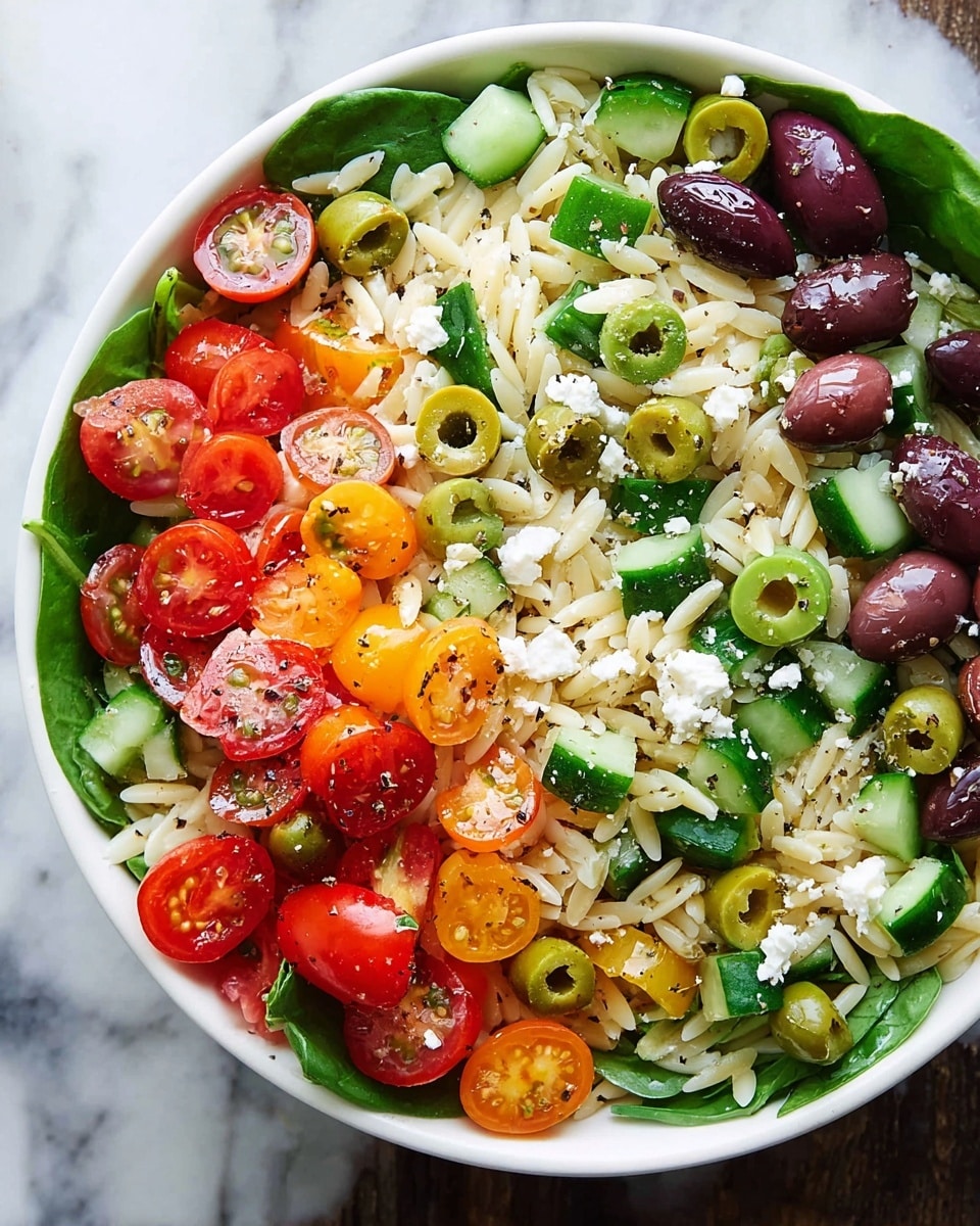 A close-up of a white plate filled with a colorful orzo pasta salad. The bottom layer is made of small, pale, rice-shaped orzo pasta scattered throughout. Mixed in are bright red halved cherry tomatoes and small orange round tomatoes. Green layers include sliced green olives, celery pieces, and fresh spinach leaves with visible veins and texture. Dark purple olives are mixed in as well. White crumbled feta cheese sprinkles over the top as a contrasting texture. Light black pepper seasoning is spread lightly over the salad, and the plate is placed on a white marbled surface. photo taken with an iphone --ar 4:5 --v 7
