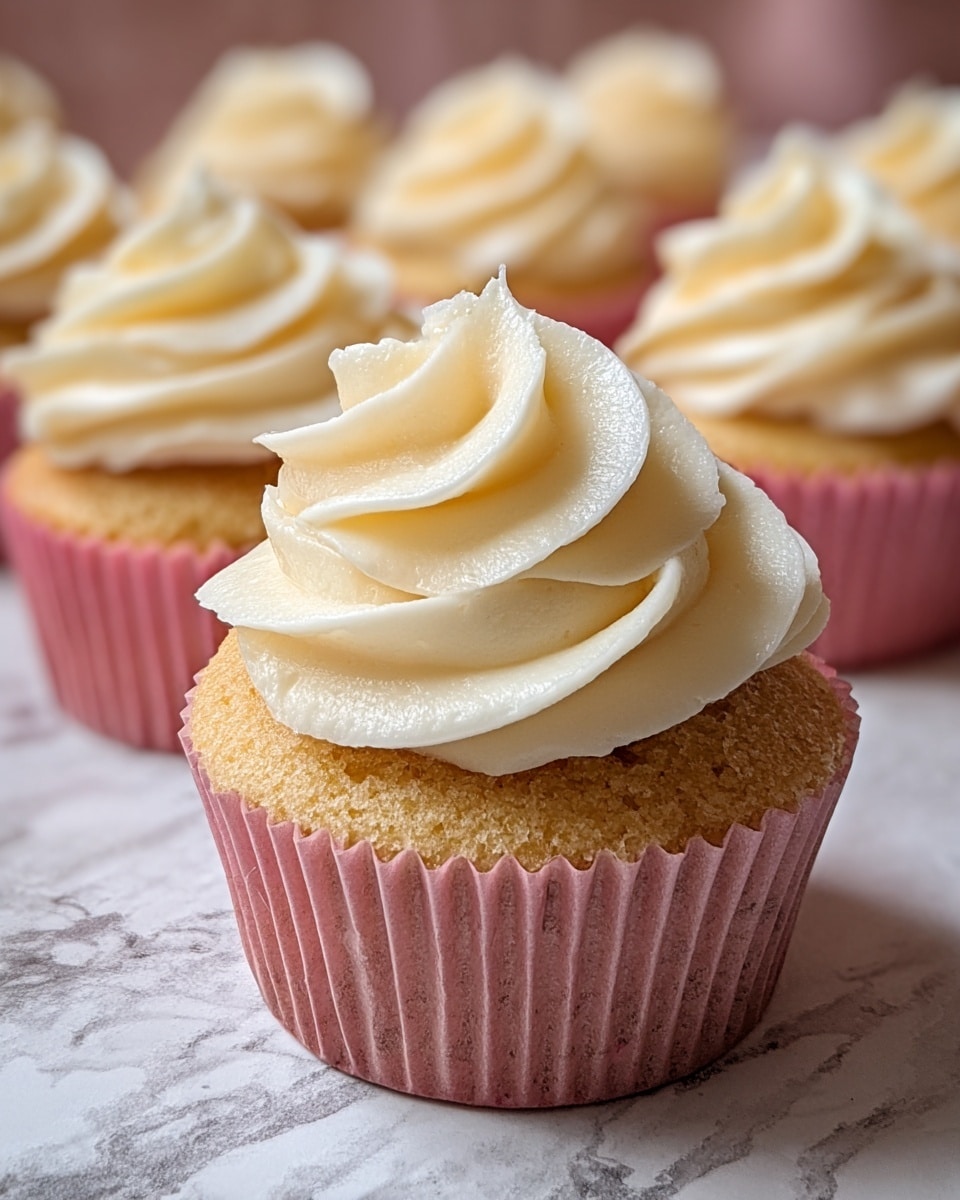 The image shows a close-up view of a vanilla cupcake with two layers. The bottom layer is a light yellow, soft cupcake wrapped in a pink paper liner. The top layer is a creamy white swirl of frosting, smooth and slightly glossy, with peaks and ridges, sitting neatly on the cupcake. In the background, more cupcakes with the same look and frosting can be seen slightly out of focus on a surface with a white marbled texture. photo taken with an iphone --ar 4:5 --v 7