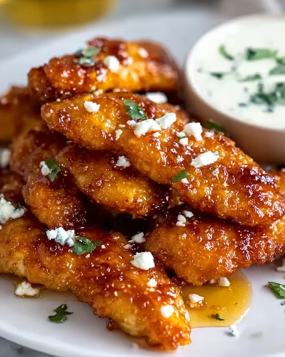The image shows several pieces of golden-brown fried chicken tenders with a crispy, crunchy texture on a white plate. The chicken is topped with small crumbles of white cheese and scattered green herb leaves, possibly cilantro or parsley. A shiny, sticky orange-brown sauce is drizzled over the chicken, adding a glossy, wet look that contrasts with the crunchy coating. In the blurred background, a white bowl with a creamy white dipping sauce can be seen, completing the dish setup on a white marbled surface. Photo taken with an iphone --ar 4:5 --v 7