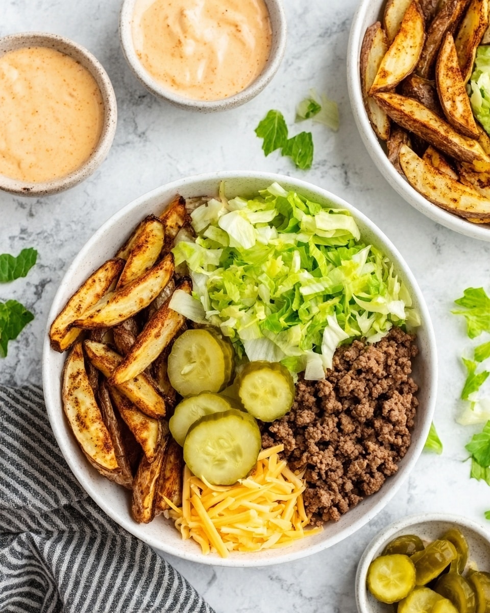 The image shows a white bowl filled with a colorful salad consisting of four main parts arranged in separate sections. On the left, golden-brown seasoned potato wedges create a textured and crispy layer. Next to them, shredded yellow cheese adds a soft, fine layer. The right side has a pile of cooked ground beef with a crumbly texture and small bits of sauce on top. Above the beef, chopped crunchy green lettuce takes up about a third of the bowl, topped with three round, slightly shiny pickle slices. The bowl sits on a white marbled surface, surrounded by small white dishes of sauce and pickles, with scattered pieces of green lettuce around. Photo taken with an iphone --ar 4:5 --v 7