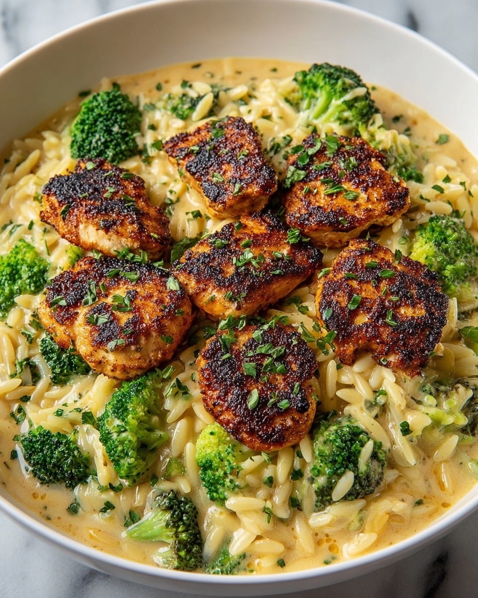 A white bowl filled with a creamy, light yellow orzo pasta mixed with green broccoli florets, creating a textured base layer. On top, six pieces of golden brown, crispy chicken with charred spots are arranged in the center, seasoned with small green herb bits. The broccoli sits evenly around and among the pasta, giving contrast with its bright green color. The dish is garnished with finely chopped herbs scattered on the chicken and pasta, set on a white marbled surface. photo taken with an iphone --ar 4:5 --v 7