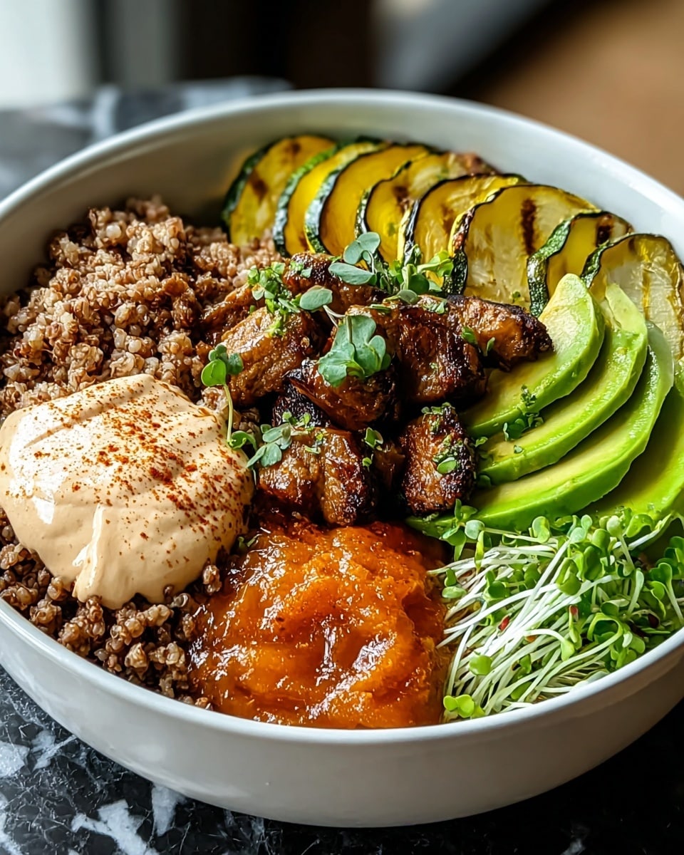A large gray bowl sits on a white marbled surface, filled with five distinct layers arranged side by side. Starting from the bottom left, there is a layer of finely ground cooked meat topped with a creamy light beige sauce sprinkled with reddish-brown spices. Moving clockwise, there are small, dark grilled meat chunks with fresh green microgreens on top. Next to this is a bright orange chunky sauce with a glossy texture. Beside the sauce are thick slices of green avocado with grill marks and a sprinkle of seasoning. Finally, at the top, thin slices of cooked yellow squash or zucchini are layered neatly with some green leafy sprouts beside them. The background blurred with hints of green plants and kitchen items. Photo taken with an iphone --ar 4:5 --v 7