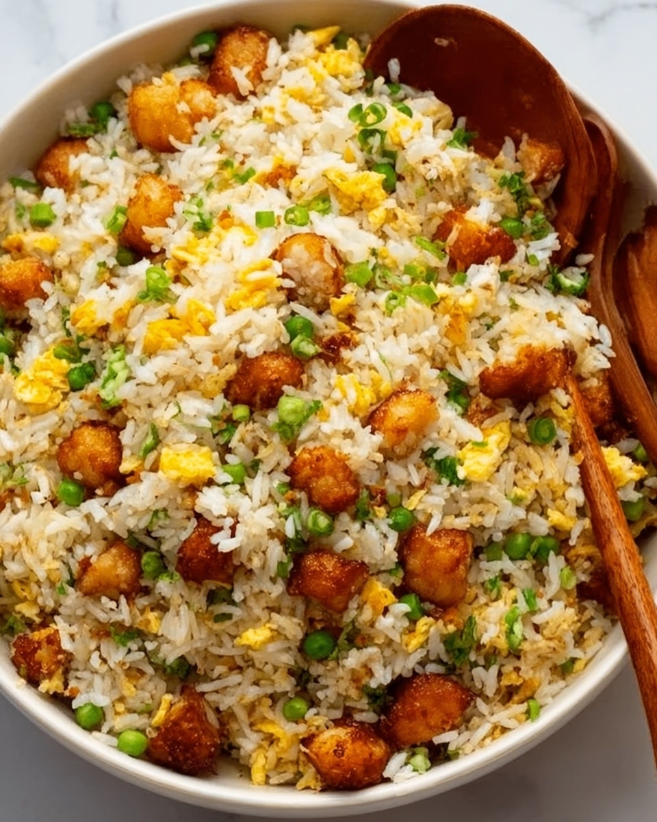 The dish is a close-up view of a large white bowl filled with a colorful fried rice mixture. The base layer is fluffy white rice with bits of green herbs spread evenly throughout. Scattered on top are golden brown cooked chickpeas, small pieces of bright yellow scrambled egg, and finely chopped reddish-brown onions, adding texture and color. A wooden spoon is resting inside the bowl on the right side, partially covered by the rice. The background features a clean white marbled texture. Photo taken with an iphone --ar 4:5 --v 7