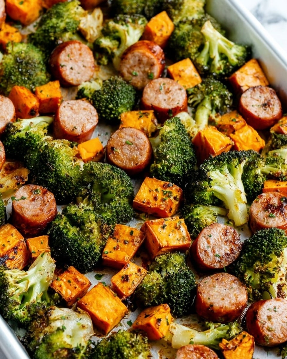 The image shows a close-up of a mix of roasted broccoli, orange sweet potato cubes, and slices of browned sausage spread evenly on a baking sheet. The broccoli florets are a bright green with some charred edges, the sweet potatoes have a soft orange color with crisp, slightly darkened surfaces, and the sausage pieces are round, golden-brown, and slightly glossy from the cooking oils. The vegetables and sausage are arranged in a single thick layer, filling the frame with a textured and colorful mix. The background is a white marbled texture. photo taken with an iphone --ar 4:5 --v 7