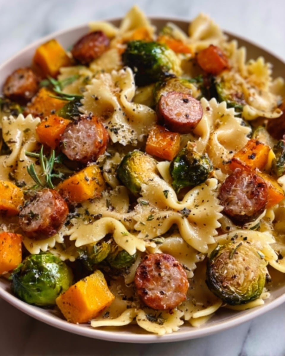 The dish shows a close-up of cooked pasta shaped like small bows, mixed with sliced brown sausages, green Brussels sprouts, and small cubes of orange butternut squash. The ingredients are well mixed, with the sausages and vegetables evenly spread on top of the pasta. The pasta has a soft texture and pale yellow color, while the sausages have a crispy browned surface. The Brussels sprouts are roasted, showing some charred spots, and the butternut squash adds a bright pop of orange. The whole dish sits on a white plate on a white marbled background. photo taken with an iphone --ar 4:5 --v 7