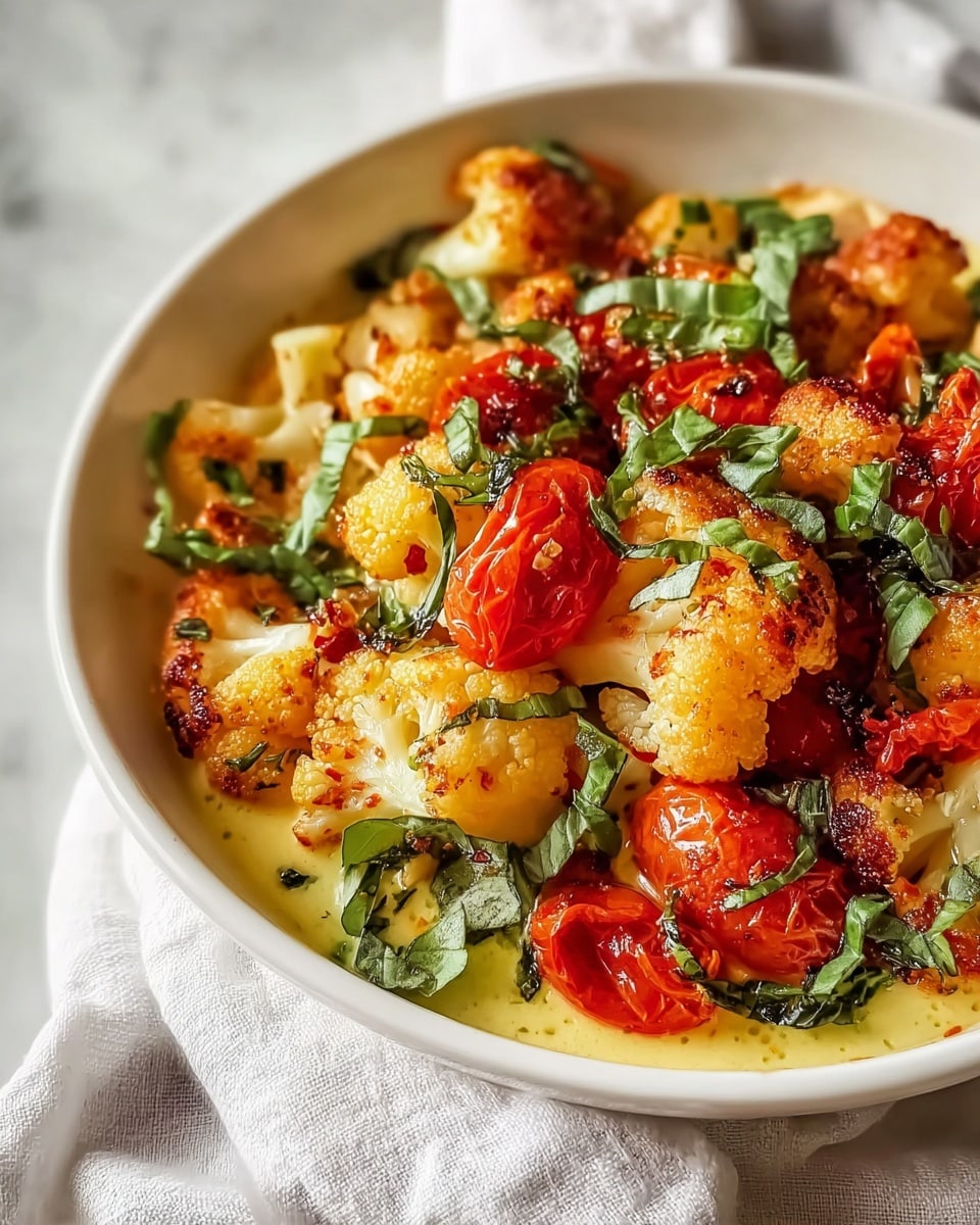 A close-up view of a white bowl filled with roasted golden-brown cauliflower pieces and bright red, slightly charred cherry tomatoes. Scattered fresh green basil leaves top the vegetables, adding a fresh contrast. The bowl sits on a soft white fabric over a white marbled surface, and the vegetables glisten with a light oily dressing that pools slightly at the bottom. photo taken with an iphone --ar 4:5 --v 7