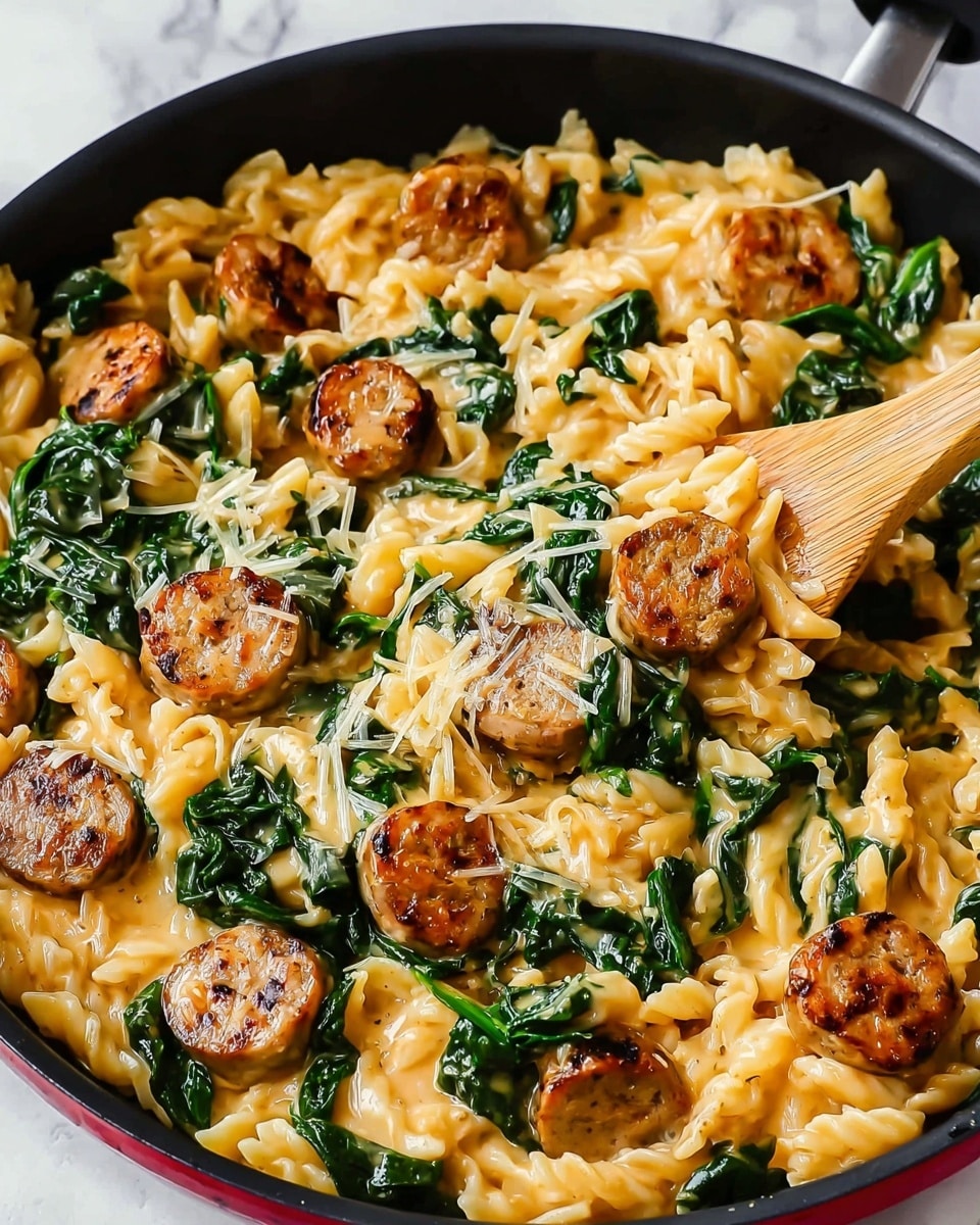 A close-up view of a creamy orzo pasta dish in a black pan, showing multiple round slices of browned sausage scattered throughout. The orzo pasta is small, rice-shaped, and coated in a thick, light orange sauce that glistens. Bright green wilted spinach leaves are mixed evenly among the pasta and sausage slices. A wooden spoon rests inside the pan, partly covered by the food. The background surface is a white marbled texture. photo taken with an iphone --ar 4:5 --v 7