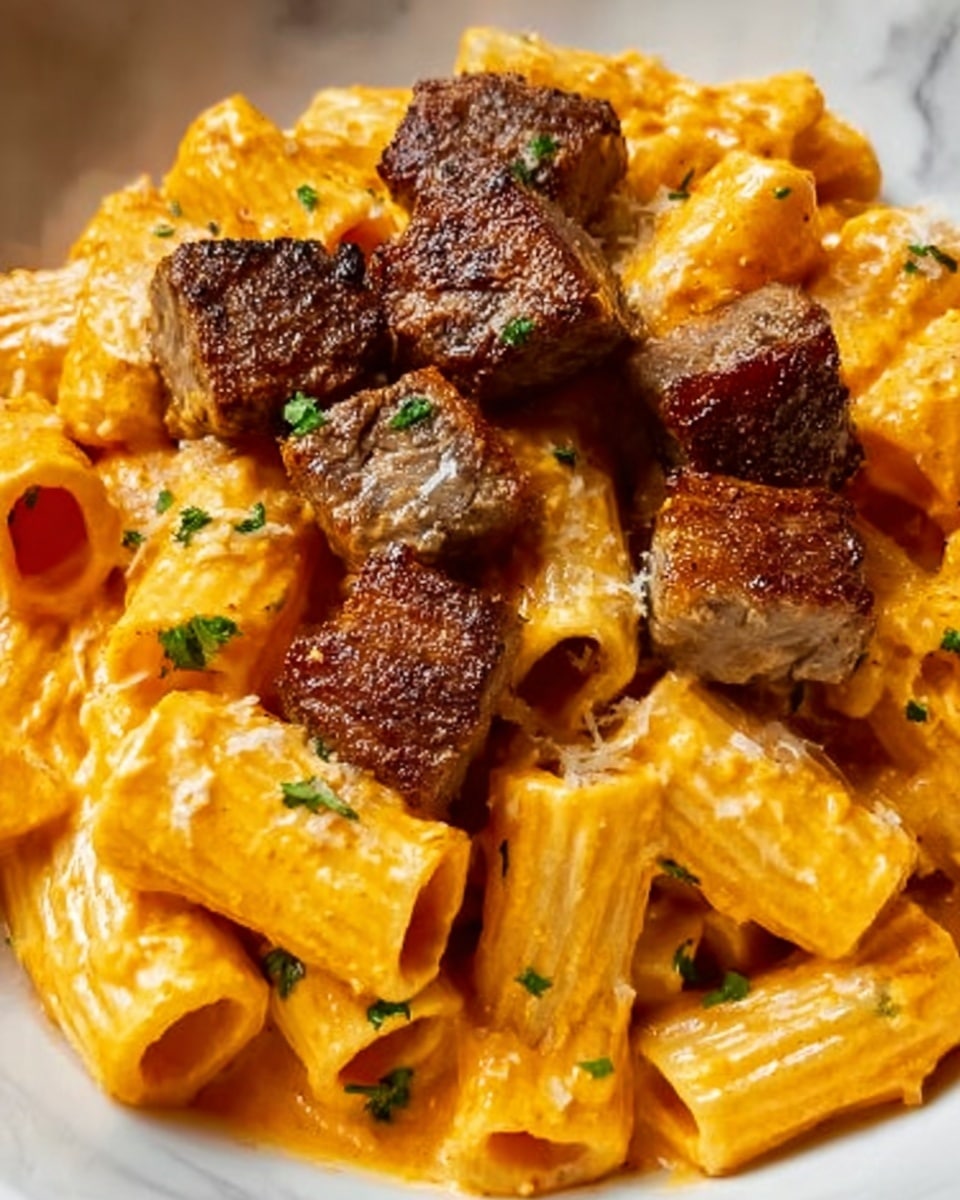 The image shows a close-up of rigatoni pasta coated in a creamy orange sauce, with grilled pieces of meat on top. The pasta is tube-shaped with visible ridges, and the sauce has a smooth texture that covers each piece. The grilled meat chunks are dark brown with a slightly crispy outer layer, scattered evenly on the pasta. Small green herb pieces are sprinkled lightly over the dish, adding a touch of color. The dish is on a white plate set against a white marbled surface. Photo taken with an iphone --ar 4:5 --v 7