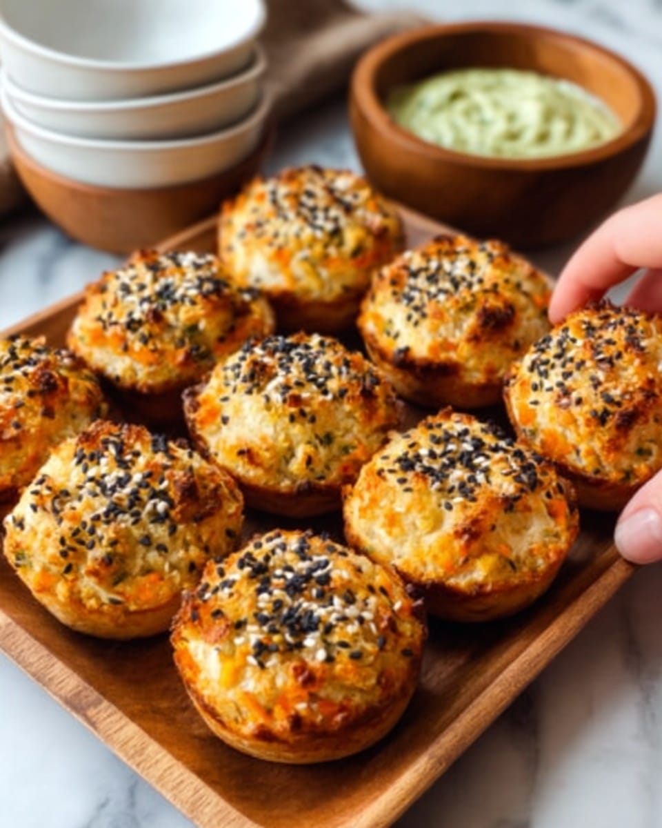 The image shows eight round biscuits arranged closely on a wooden board. Each biscuit has a golden brown color with a slightly crispy texture on top, sprinkled evenly with black and white sesame seeds. The biscuits look fluffy inside with small bits of orange and dark green visible in the dough. In the background, there are some white bowls stacked and some blurred elements, all placed on a white marbled surface. A woman's hand is gently reaching from the left side toward the biscuits. Photo taken with an iphone --ar 4:5 --v 7