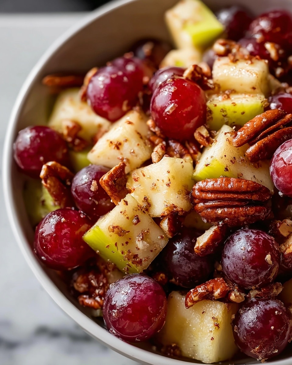 The image shows a close-up view of a fruit and nut mix in a white bowl on a white marbled surface. The mix has several layers of different textures and colors: deep red grapes with shiny skin, beige apple chunks with some reddish and green skin pieces, and a variety of brown pecan nuts with a rough texture. The mixture looks sprinkled lightly with a fine, dark powder that seems to be cinnamon. The colors contrast well, creating a rich and fresh look. photo taken with an iphone --ar 4:5 --v 7