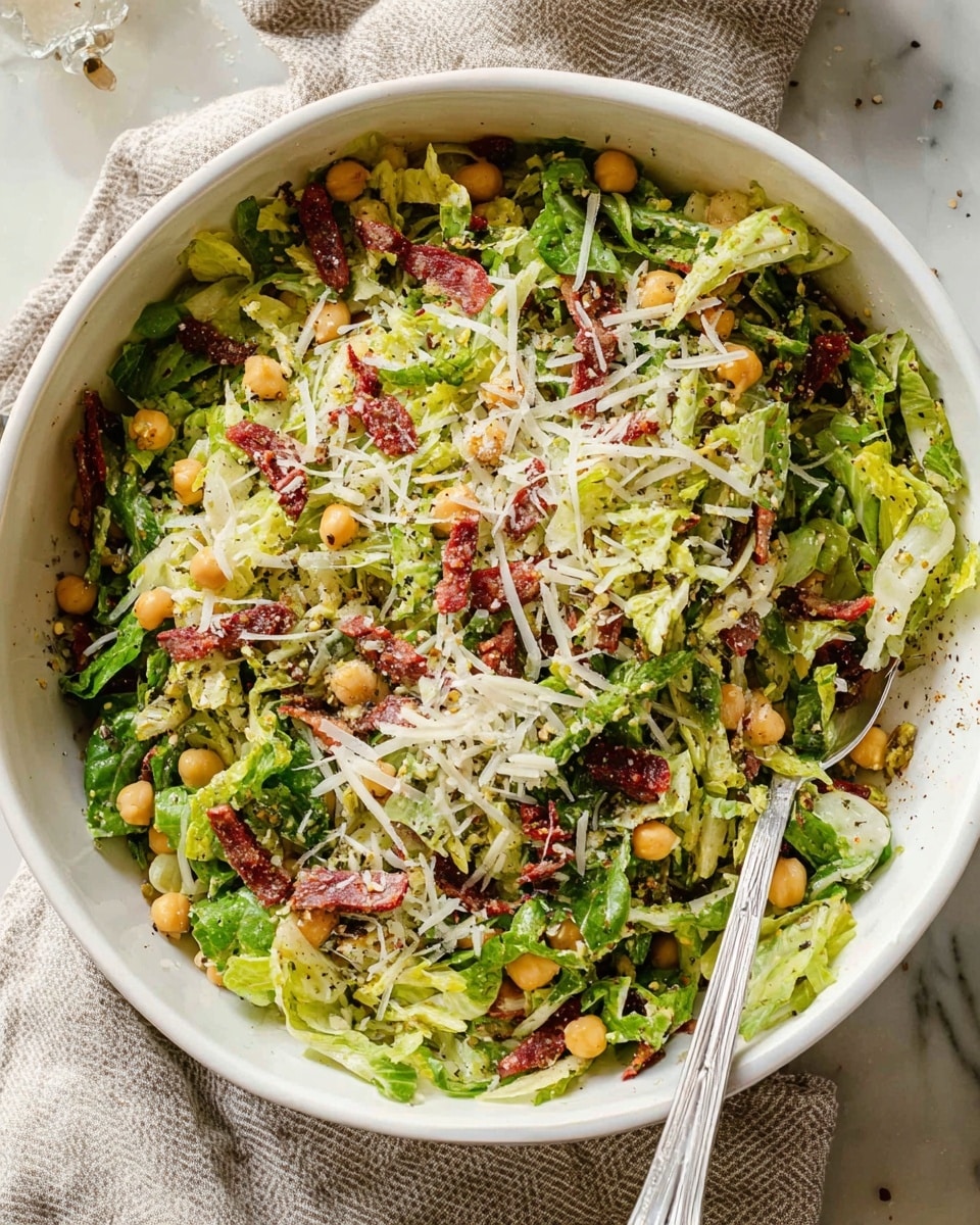 A large white bowl filled with a mixed salad showing about three layers: the bottom layer is shredded light green lettuce, the middle layer contains beige chickpeas scattered evenly, and the top layer has thin dark red strips of cured meat mixed with shredded white cheese sprinkled all over. The salad looks fresh with a mix of soft and crunchy textures, and a dark utensil is placed on the right side inside the bowl. The bowl sits on a white marbled surface with a gray and white striped cloth partially visible underneath. photo taken with an iphone --ar 4:5 --v 7