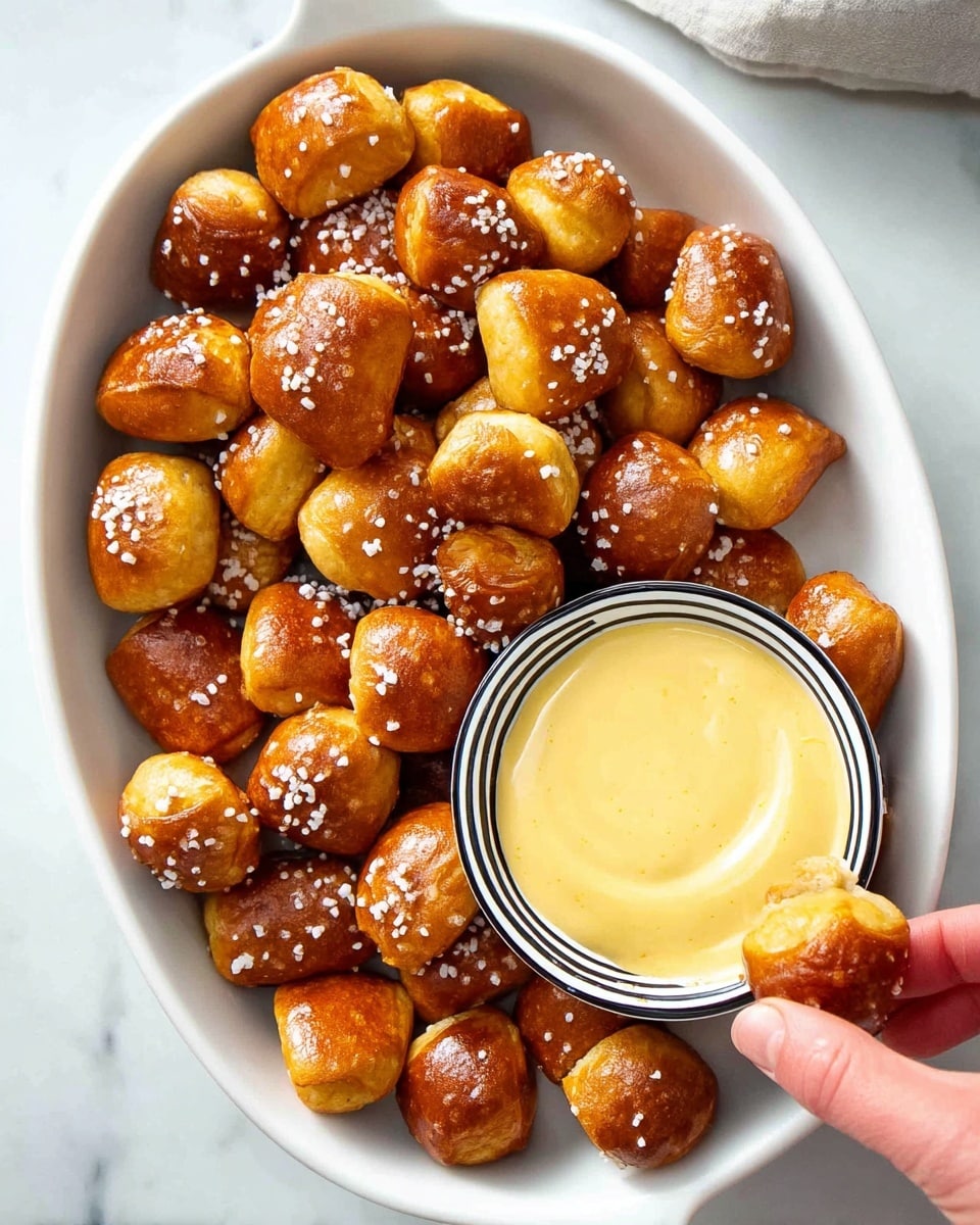 A white oval dish filled with many small, golden brown soft pretzel bites, each topped with coarse salt, showing a shiny and slightly crispy texture. Inside the dish, on the bottom right side, there is a small white bowl with black stripes around the edge, filled with smooth, creamy yellow mustard sauce. A woman's hand is seen dipping one pretzel bite into the mustard sauce. The dish rests on a white marbled surface. photo taken with an iphone --ar 4:5 --v 7