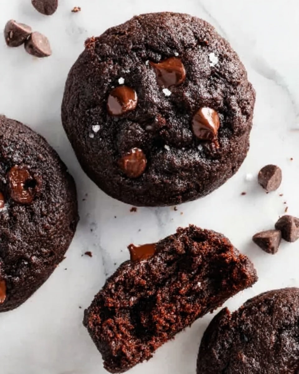 The image shows three dark chocolate cookies with a dense and moist texture, each topped with several shiny, melted chocolate chips scattered unevenly across the surface. The cookies have small cracks on top, revealing a soft inside, and they are placed on a white marbled surface that adds a clean contrast to the rich, dark brown of the cookies. The edges of the cookies are slightly rough, showing their homemade style. photo taken with an iphone --ar 4:5 --v 7