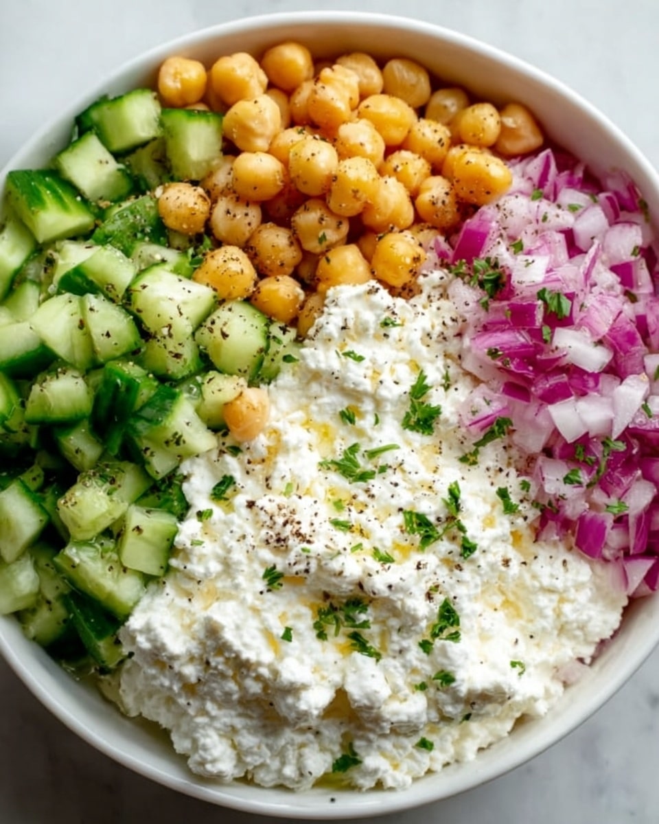 The image shows a white bowl with four distinct layers arranged side by side. On the right, there are chopped red onions with a fresh, slightly shiny texture. Next to the onions are light yellow chickpeas that look smooth and round. To the left of the chickpeas is a pile of bright white cottage cheese with a soft, lumpy texture, sprinkled with green chopped herbs and small black pepper flakes. Finally, on the far left, there are chopped cucumber pieces showing dark green peel and a lighter, watery inside. The bowl sits on a white marbled surface. Photo taken with an iphone --ar 4:5 --v 7