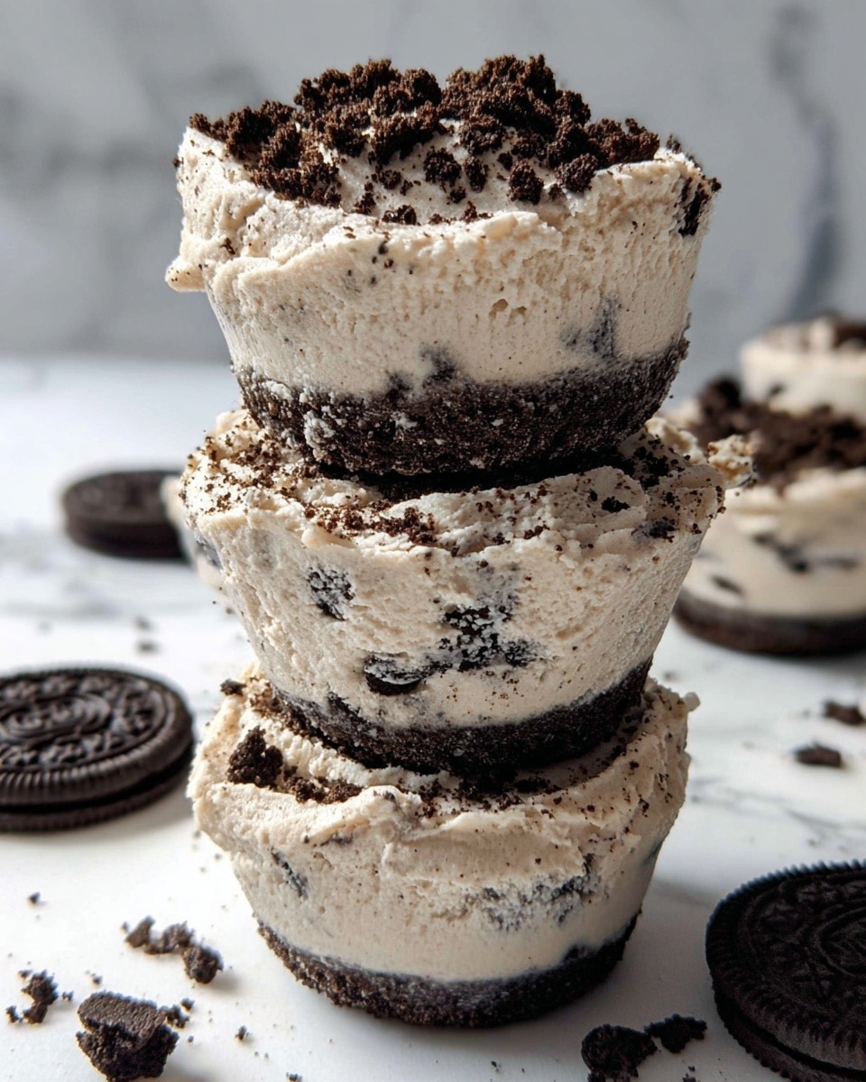 A stack of three small round desserts, each with two main layers: a thick, creamy, light beige cookie cream layer speckled with small dark cookie crumbs, topped with more creamy texture and sprinkled generously with dark crushed cookie pieces, and a thin, flat, smooth layer of solid black cookie in the middle separating each creamy layer. The desserts have a slightly rough texture with a few small holes and ridges on the sides, and some cookie crumbs scattered around on the white marbled surface below. Photo taken with an iphone --ar 4:5 --v 7
