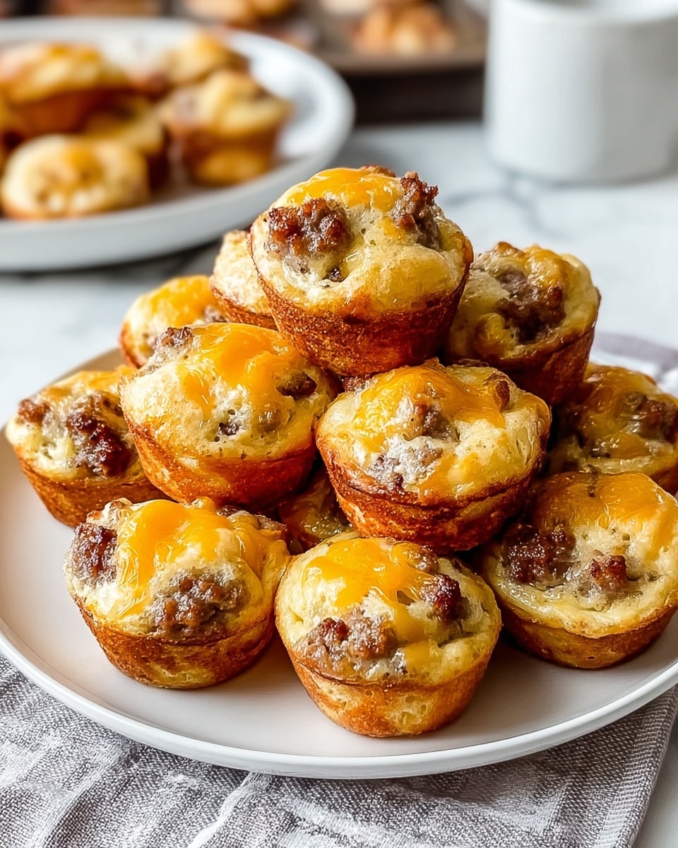 A white plate filled with about twenty mini muffins arranged in a rough pyramid shape. Each muffin has a golden brown bottom layer with a slightly crispy texture, topped with a light yellowish layer mixed with darker brown chunks, and finished with a shiny, melted orange cheese layer on top. The plate sits on a checkered cloth on a white marbled surface. In the background, there are blurred shapes of a white dish and a black pan. photo taken with an iphone --ar 4:5 --v 7