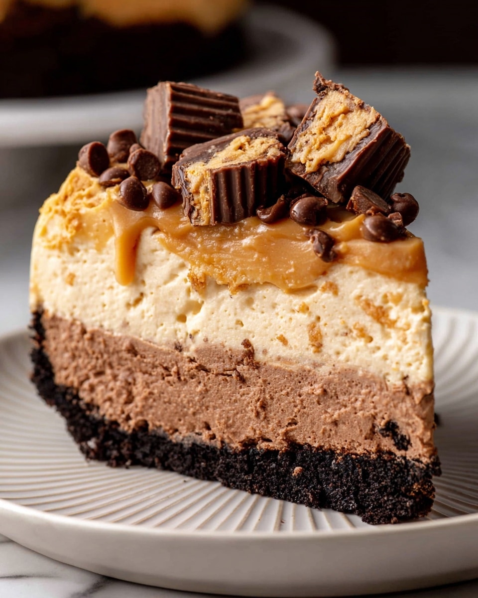 A slice of layered dessert sits on a white plate with ridged edges, placed on a white marbled surface. The dessert has four visible layers: a bottom dark chocolate crumb crust layer with a crumbly texture, above it a thick smooth milk chocolate mousse layer in light brown, then a creamy beige layer studded with small bits, and on top a glossy caramel-colored cream layer. The top is decorated with small dark chocolate chips and several pieces of chocolate peanut butter cups, some whole and some cut, showing peanut butter filling inside. The lighting is warm, highlighting the textures vividly. Photo taken with an iphone --ar 4:5 --v 7