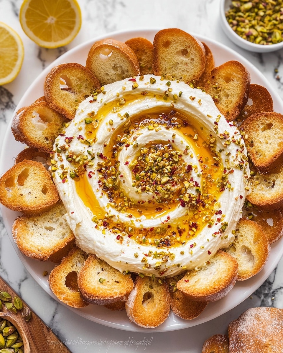 A white plate holds a creamy white cheese spread swirled in a spiral pattern, topped with a shiny golden honey drizzle and scattered with crushed green pistachios and red chili flakes. Surrounding the cheese are several slices of golden toasted baguette arranged in a circle, each slice showing a crispy texture with small holes and a light sheen of oil. Next to the plate, there is a small white bowl with lemon halves, and two small clear jars containing chopped pistachios and red chili flakes, all set on a white marbled surface. photo taken with an iphone --ar 4:5 --v 7