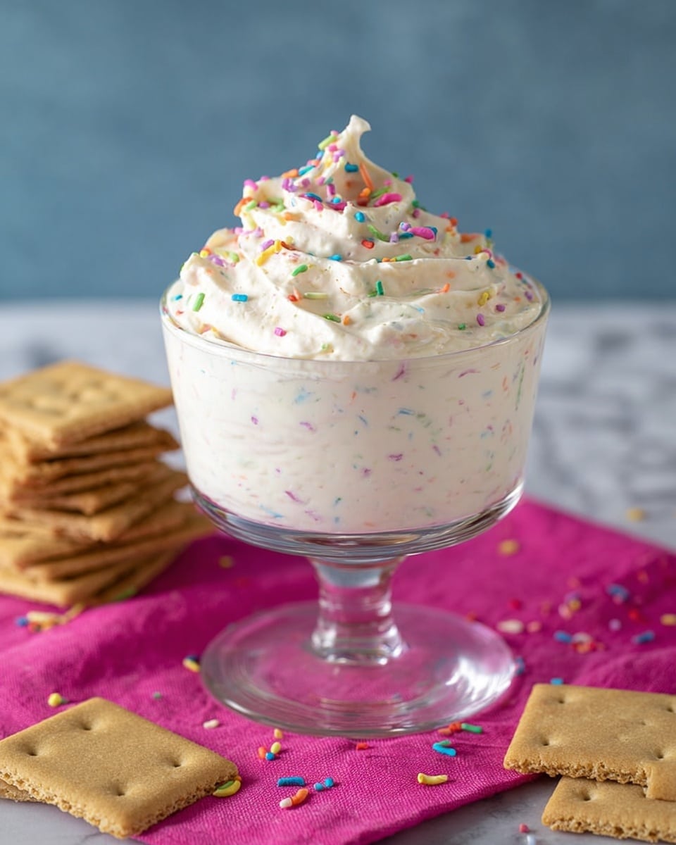 A clear glass dessert cup on a white marbled surface holds a creamy white dip with small colorful specks inside, showing bits of pink, purple, blue, and yellow throughout. The dip is piled high in a thick, fluffy mound with tiny round colorful sprinkles scattered on top. Around the glass, several stacked and loose golden-brown rectangular crackers lay on a bright pink cloth. The background is a soft dark gray-blue color. photo taken with an iphone --ar 4:5 --v 7