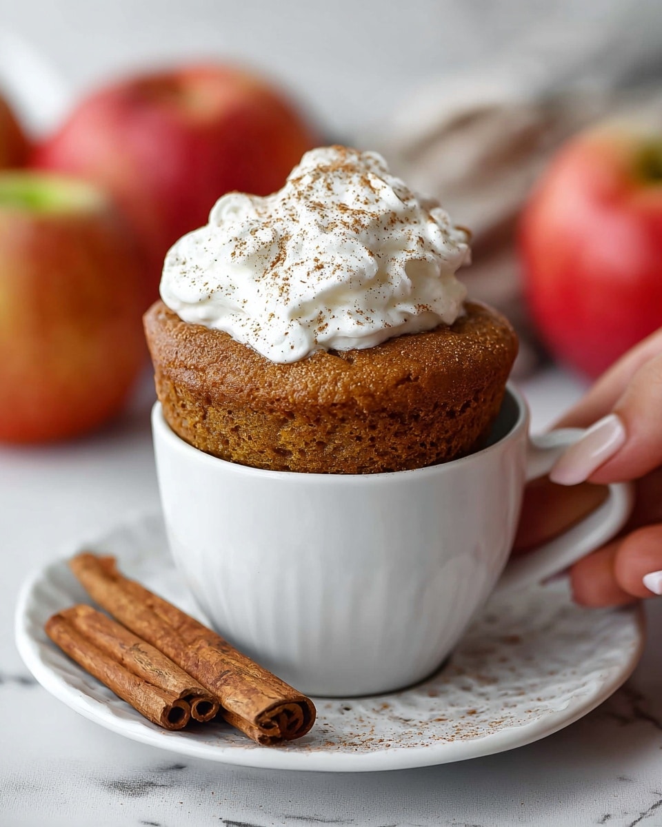 A white cup filled with a tall, spongy, light brown mug cake that rises above the rim, topped with a large dollop of fluffy white whipped cream sprinkled with light brown cinnamon powder; the cup sits on a white plate with two cinnamon sticks placed on it, while three red and yellow apples are blurred in the background on a white marbled surface, and a woman's hand is gently holding the cup handle. photo taken with an iphone --ar 4:5 --v 7