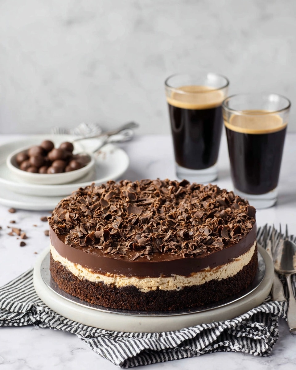 The image shows a round chocolate cake with three visible layers: a dark brown crumbly base, a middle light brown creamy layer, and a smooth dark chocolate top layer covered with many small milk chocolate curls. The cake sits on a white round plate placed on a rustic metal stand, which is on a black and white striped cloth. In the background, there are three glasses filled with dark coffee, with two glasses having a creamy foam top and one glass without foam, on a white marbled surface. One of the glasses is on a white plate with some round chocolate balls around it. The photo has soft natural light and a simple, clean setting. photo taken with an iphone --ar 4:5 --v 7